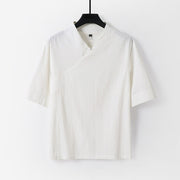 Foviel Summer Simple V-Neck Short Sleeve Cotton Linen Men's Shirt