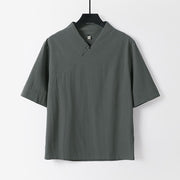 Foviel Summer Simple V-Neck Short Sleeve Cotton Linen Men's Shirt