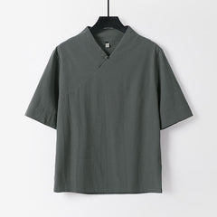 Buddha Stones Summer Simple V-Neck Short Sleeve Cotton Linen Men's Shirt - Gray - US/UK/AU54，EU64 (9XL) - image 0