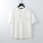 Foviel Summer V-Neck Button Short Sleeve Clouds Embroidery Cotton Linen Men's Shirt