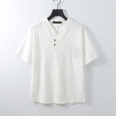 Buddha Stones Summer V-Neck Button Short Sleeve Clouds Embroidery Cotton Linen Men's Shirt - White - US/UK/AU56，EU66 (9XL) - image 4