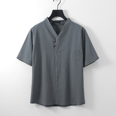 Buddha Stones Summer V-Neck Button Short Sleeve Clouds Embroidery Cotton Linen Men's Shirt - Gray - US/UK/AU56，EU66 (9XL) - image 1