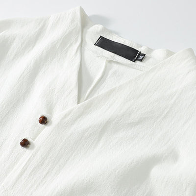 Buddha Stones Summer V-Neck Button Short Sleeve Clouds Embroidery Cotton Linen Men's Shirt - image 6