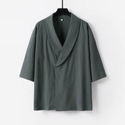 Foviel Summer V-Neck Lapel Half Sleeve Cotton Linen Men's Shirt