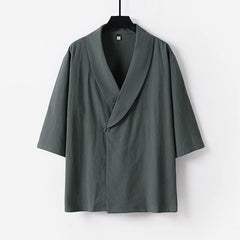 Buddha Stones Summer V-Neck Lapel Half Sleeve Cotton Linen Men's Shirt - Gray - US/UK/AU54，EU64 (9XL) - image 0