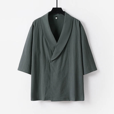 Buddha Stones Summer V-Neck Lapel Half Sleeve Cotton Linen Men's Shirt - Gray - US/UK/AU54，EU64 (9XL) - image 0