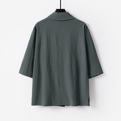 Buddha Stones Summer V-Neck Lapel Half Sleeve Cotton Linen Men's Shirt - image 1