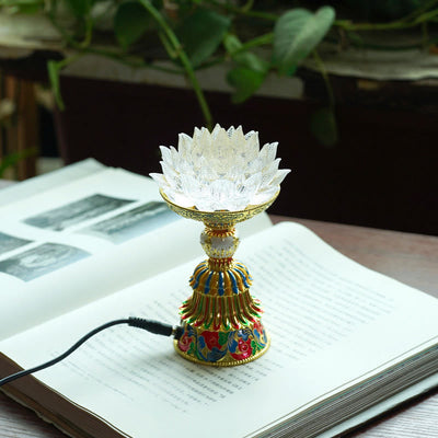 Buddha Stones Lotus Liuli Glass Eight Auspicious Symbols Base Enlightenment Home Decoration - White Lotus(9*14-16*6.8 cm) - Plug-in - image 9