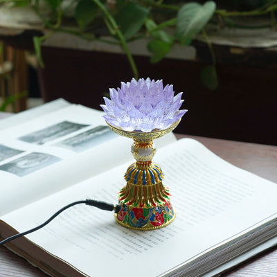 Buddha Stones Lotus Liuli Glass Eight Auspicious Symbols Base Enlightenment Home Decoration - Light Purple Lotus(9*14-16*6.8 cm) - Plug-in - image 13