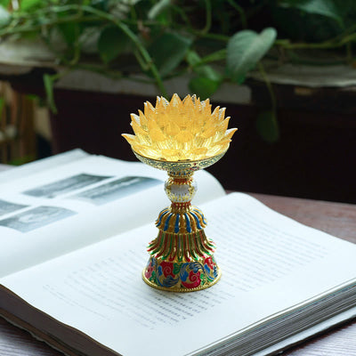 Buddha Stones Lotus Liuli Glass Eight Auspicious Symbols Base Enlightenment Home Decoration - Golden Lotus(9*14-16*6.8 cm) - Rechargeable - image 25