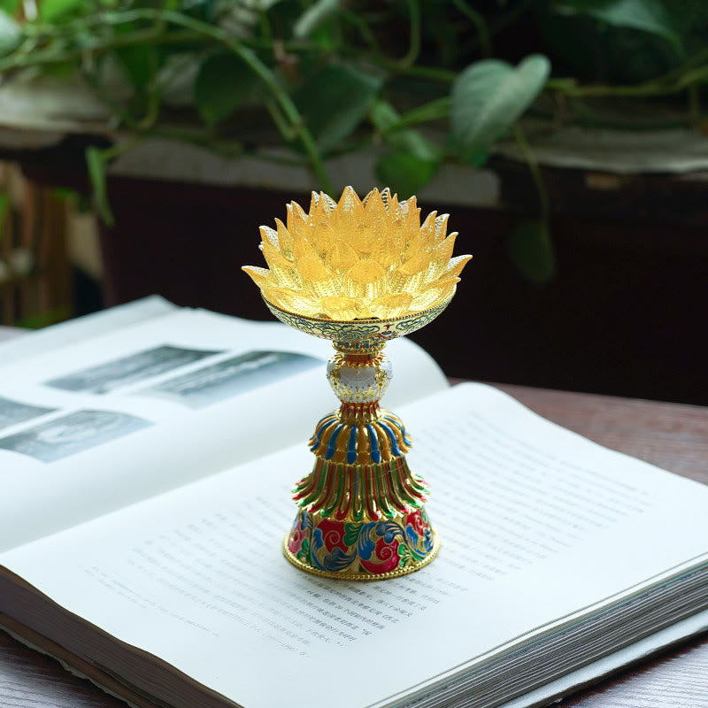 Buddha Stones Lotus Liuli Glass Eight Auspicious Symbols Base Enlightenment Home Decoration - Golden Lotus(9*14-16*6.8 cm) - Rechargeable - image 25