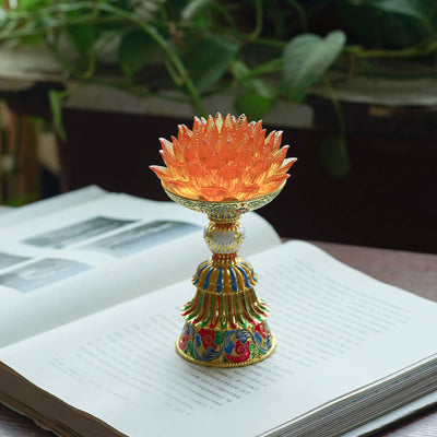 Buddha Stones Lotus Liuli Glass Eight Auspicious Symbols Base Enlightenment Home Decoration - Orange Lotus(9*14-16*6.8 cm) - Rechargeable - image 26