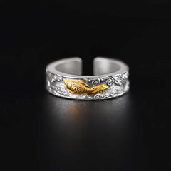 Buddha Stones 999 Sterling Silver 999 Gold Koi Fish Auspicious Clouds Luck Ring - 17.6-20.1mm(US7-US10) - image 0