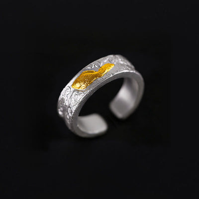 Buddha Stones 999 Sterling Silver 999 Gold Koi Fish Auspicious Clouds Luck Ring - image 1