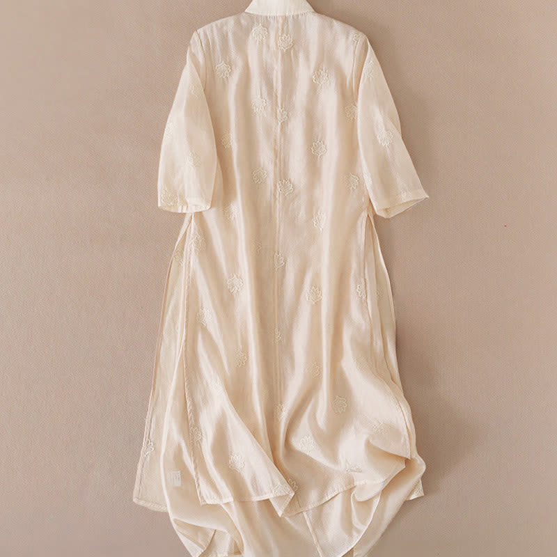 Buddha Stones Embroidery Flower Frog-Button Stand Collar Side Slit Short Sleeve Maxi Dress - image 3