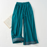 Foviel Plain Bohemian Stripes Women's Wide Leg Pants With Pockets