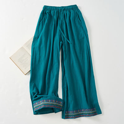 Buddha Stones Plain Bohemian Stripes Women's Wide Leg Pants With Pockets - DarkCyan - US8-10，UK/AU12-14，EU40-42 (XL) - image 0