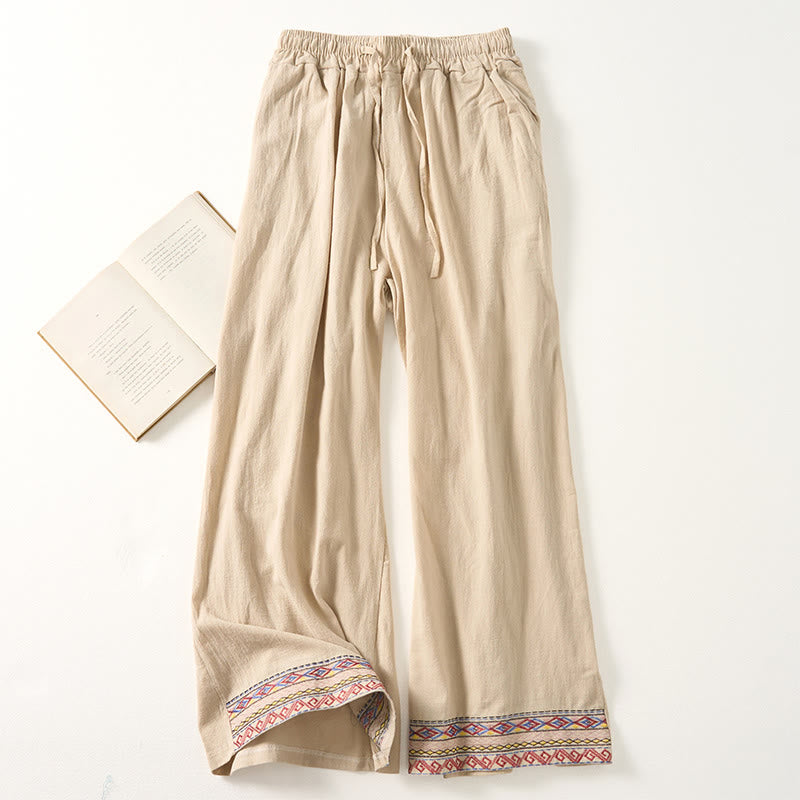 Buddha Stones Plain Bohemian Stripes Women's Wide Leg Pants With Pockets - Beige - US8-10，UK/AU12-14，EU40-42 (XL) - image 5