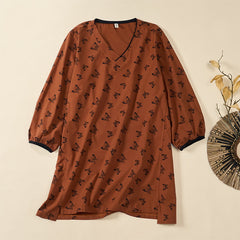 Buddha Stones Butterfly Pattern V-Neck Long Sleeve Women's Polyester Shirt  - Sienna - US12，UK/AU16，EU44 (2XL) - image 0