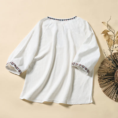 Buddha Stones Summer V-Neck Embroidery Lines Lace-up Cotton Women's Half Sleeve Shirt - image 8