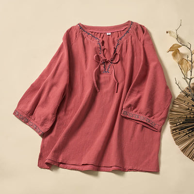 Buddha Stones Summer V-Neck Embroidery Lines Lace-up Cotton Women's Half Sleeve Shirt - Salmon - US12，UK/AU16，EU44 (3XL) - image 5