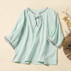Buddha Stones Summer V-Neck Embroidery Lines Lace-up Cotton Women's Half Sleeve Shirt - MintCream - US12，UK/AU16，EU44 (3XL) - image 0