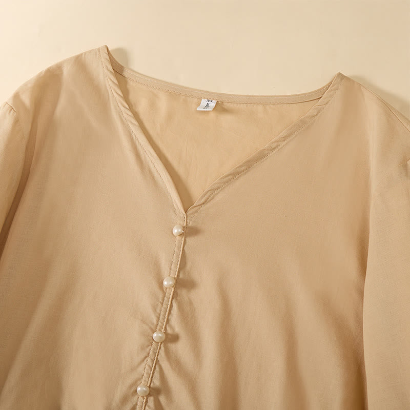 Buddha Stones Summer Solid Color V-Neck Decorative Buttons Design Women's Short Sleeve Shirt - image 3