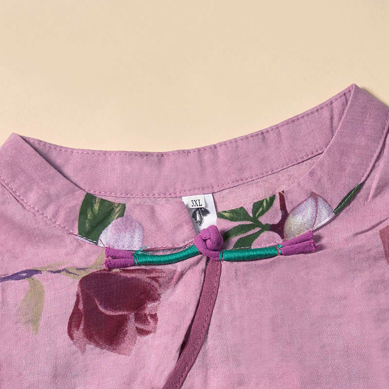 Buddha Stones Summer Orchid Floral Stand Collar Design Short Sleeve Midi Dress With Pockets - image 2