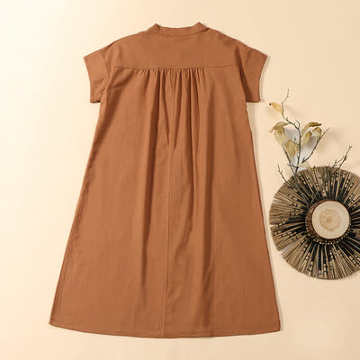 Buddha Stones Summer Solid Color Stand Collar A-line Design Short Sleeve Midi Dress - image 1