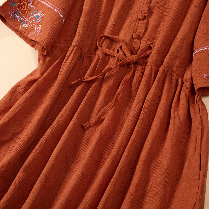 Buddha Stones Summer V-Neck Floral Embroidery Design Short Sleeve Cotton Midi Dress With Pockets - image 3