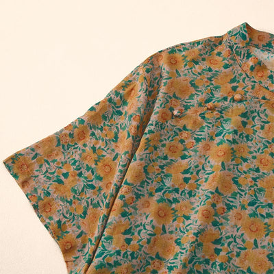 Buddha Stones Summer  Frog-Button Stand Collar Short Sleeve Flower Pattern Women's  Shirt  - image 1