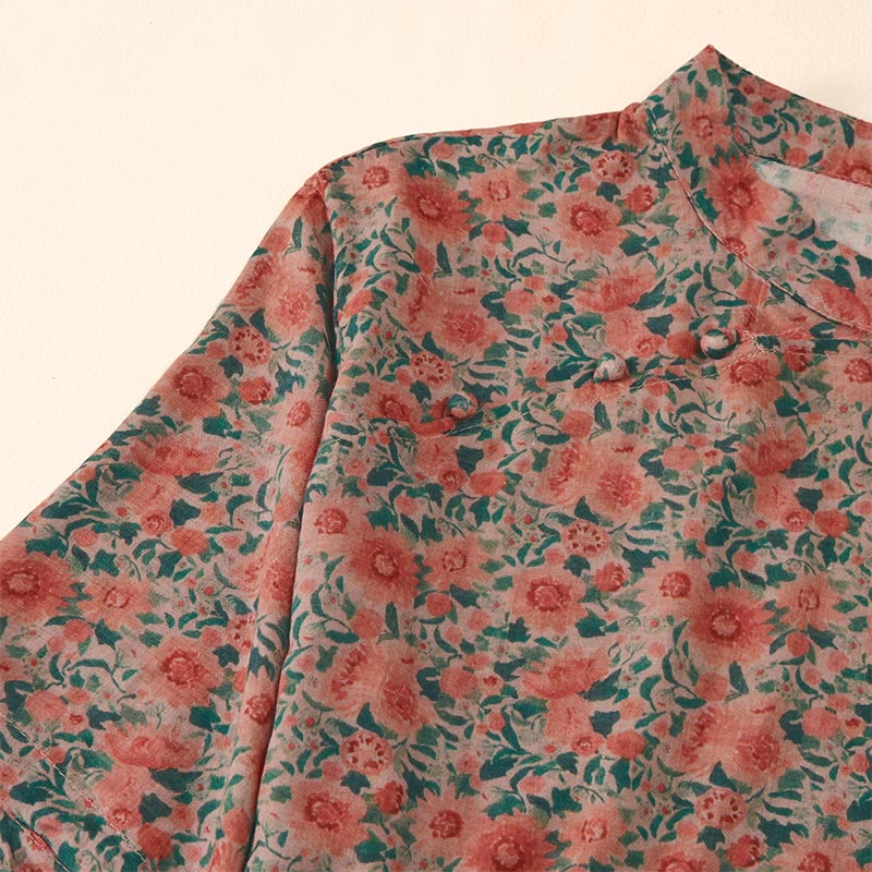 Buddha Stones Summer  Frog-Button Stand Collar Short Sleeve Flower Pattern Women's  Shirt  - image 10