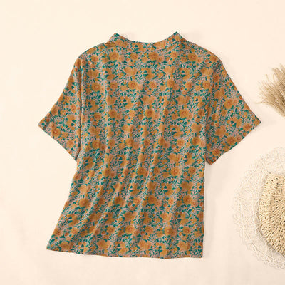 Buddha Stones Summer  Frog-Button Stand Collar Short Sleeve Flower Pattern Women's  Shirt  - image 3