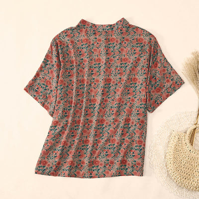 Buddha Stones Summer  Frog-Button Stand Collar Short Sleeve Flower Pattern Women's  Shirt  - image 9