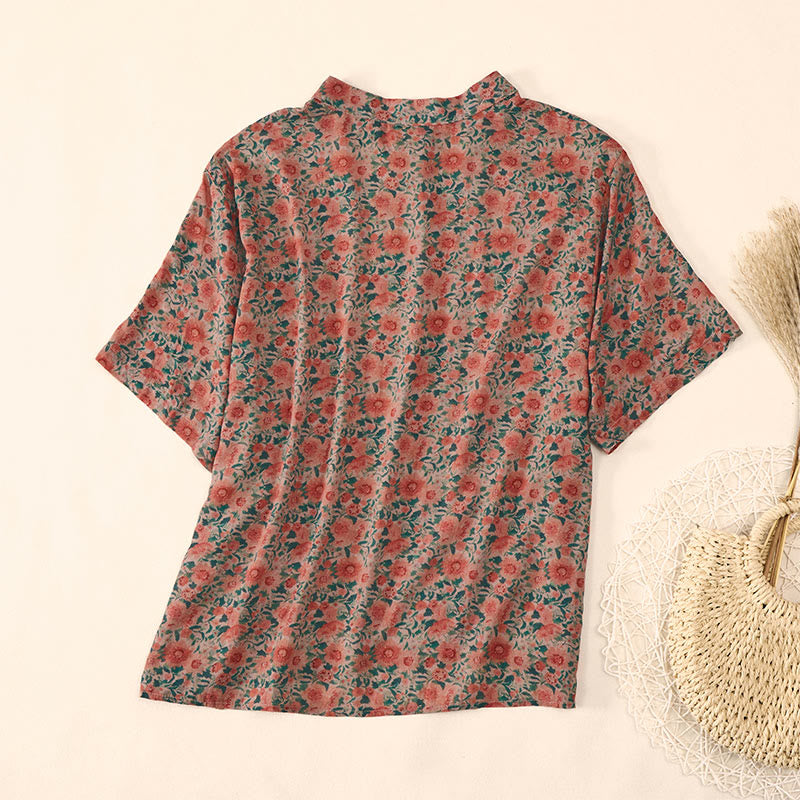 Buddha Stones Summer  Frog-Button Stand Collar Short Sleeve Flower Pattern Women's  Shirt  - image 9