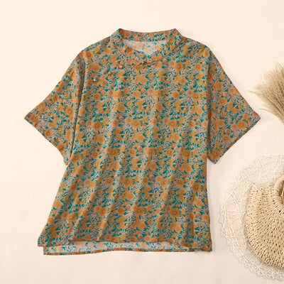 Buddha Stones Summer  Frog-Button Stand Collar Short Sleeve Flower Pattern Women's  Shirt  - Goldenrod - US12，UK/AU16，EU44 (2XL) - image 0