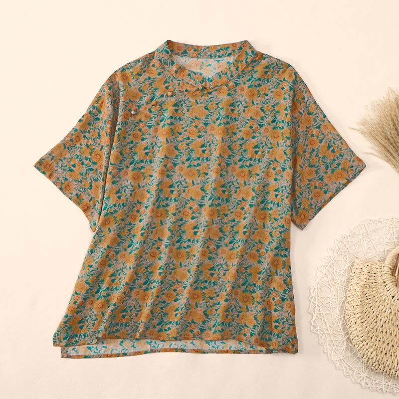 Buddha Stones Summer  Frog-Button Stand Collar Short Sleeve Flower Pattern Women's  Shirt  - Goldenrod - US12，UK/AU16，EU44 (2XL) - image 0