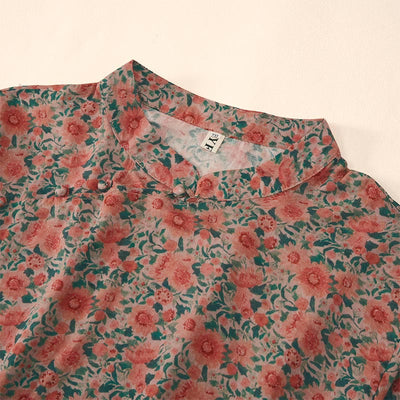 Buddha Stones Summer  Frog-Button Stand Collar Short Sleeve Flower Pattern Women's  Shirt  - image 7