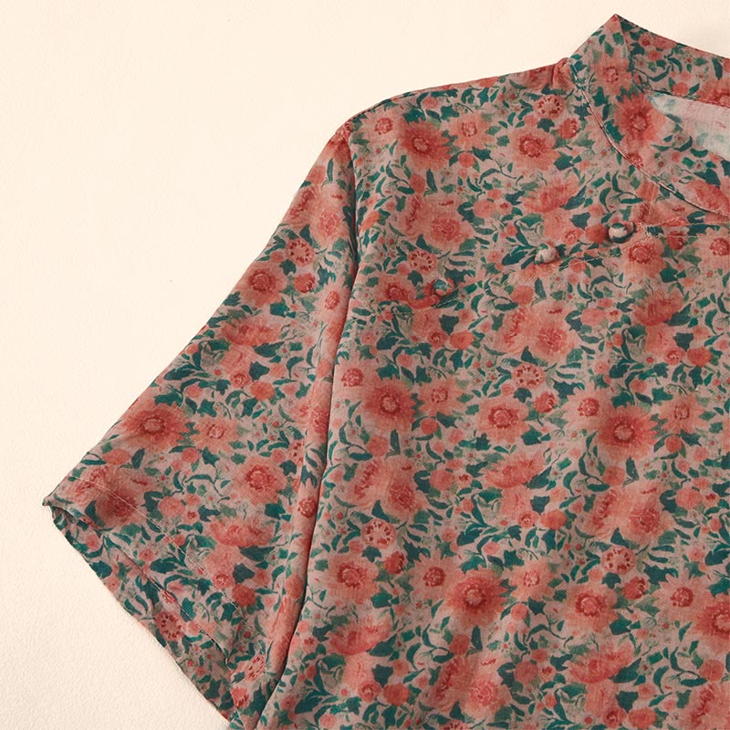 Buddha Stones Summer  Frog-Button Stand Collar Short Sleeve Flower Pattern Women's  Shirt  - image 11