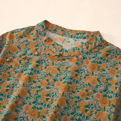 Buddha Stones Summer  Frog-Button Stand Collar Short Sleeve Flower Pattern Women's  Shirt  - image 2
