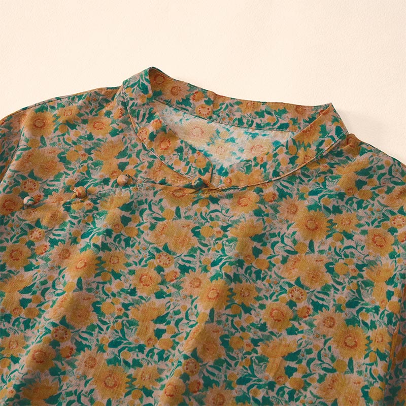 Buddha Stones Summer  Frog-Button Stand Collar Short Sleeve Flower Pattern Women's  Shirt  - image 2