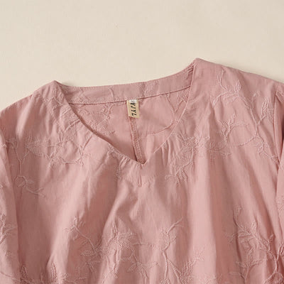 Buddha Stones Spring V-Neck Long Sleeve Leaf Pattern Women's Cotton Shirt  - image 7