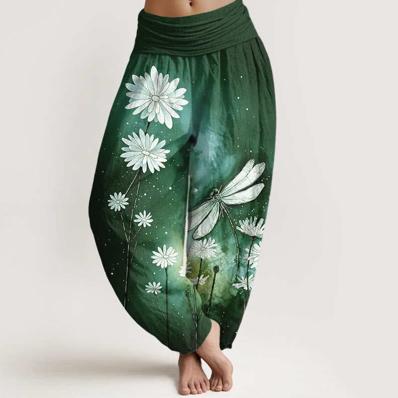 Buddha Stones Cotton Dreamy Daisy Dragonfly Pattern Women's Elastic Waist Harem Pants - DarkGreen - US16，UK/AU20，EU48 (3XL) - image 8