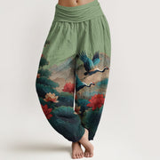 Foviel Cotton Classical Lotus Flower Leaf Crane Mountain Pattern Women's Elastic Waist Harem Pants
