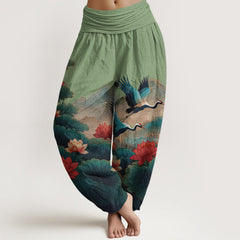 Buddha Stones Cotton Classical Lotus Flower Leaf Crane Mountain Pattern Women's Elastic Waist Harem Pants - MediumSeaGreen - US16，UK/AU20，EU48 (3XL) - image 0