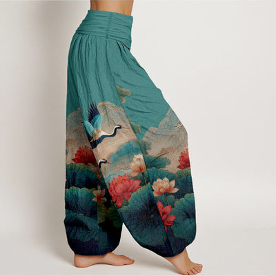 Buddha Stones Cotton Classical Lotus Flower Leaf Crane Mountain Pattern Women's Elastic Waist Harem Pants - image 7