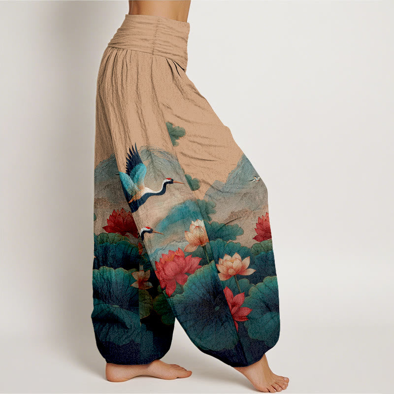 Buddha Stones Cotton Classical Lotus Flower Leaf Crane Mountain Pattern Women's Elastic Waist Harem Pants - image 10