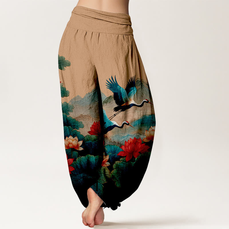Buddha Stones Cotton Classical Lotus Flower Leaf Crane Mountain Pattern Women's Elastic Waist Harem Pants - image 9
