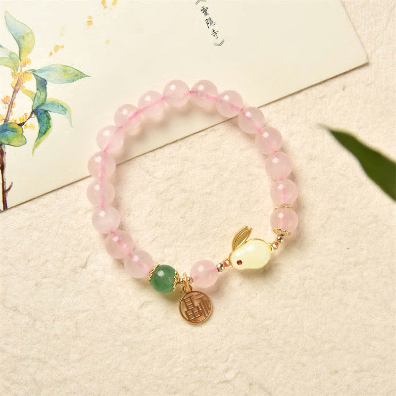 Year of the Rabbit Natural Pink Crystal Green Agate Bunny Love Happiness Bracelet - image 6