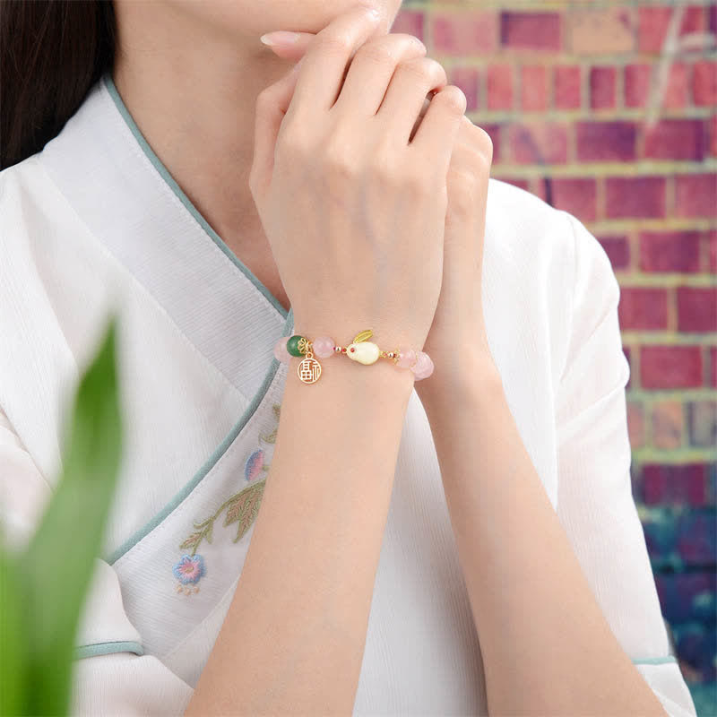 Year of the Rabbit Natural Pink Crystal Green Agate Bunny Love Happiness Bracelet - image 2